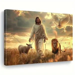 Inspirational Canvas Art: Vibrant Lion and Lamb with Jesus Background - Framed Religious Wall Decor.Suitable for Bedrooms, Living Rooms, or Cafés; Office Art; Serene Nature Scene; Detailed Imagery; Inspiring Wall Decoration.