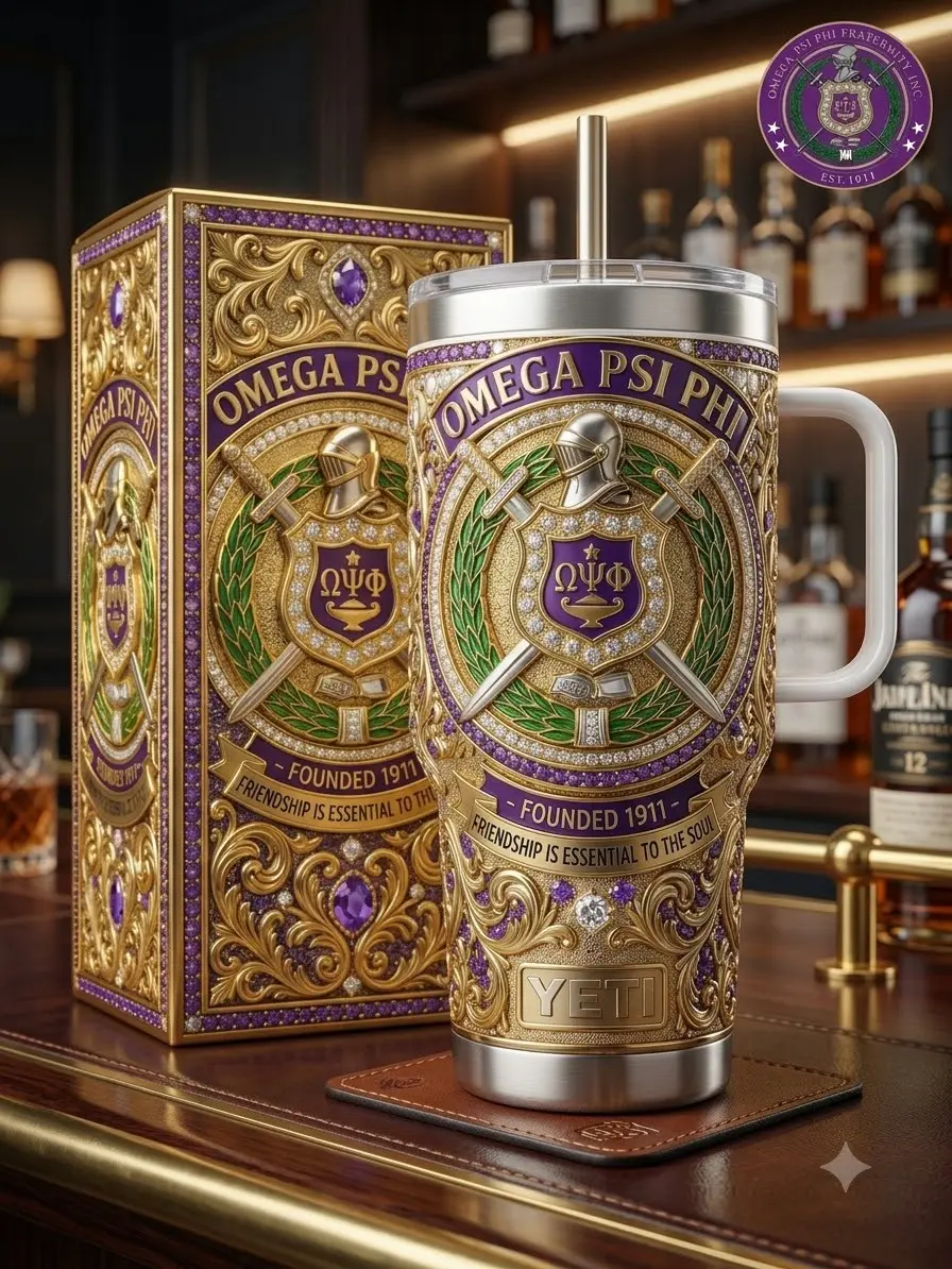 Omega Psi Phi Founded 1911 40oz Tumbler, Purple Gold Fraternity Travel Mug with Handle, Stainless Steel Insulated Cup, Gift for Omega Psi Phi Brothers