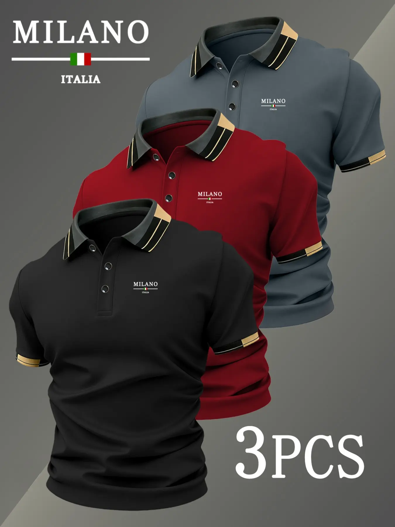Men's Golf Polo Shirts Set, Golf Clothing, Milan Logo Print, Fitted Neckline, Breathable & Comfortable, Casual Style, All-Season Wear