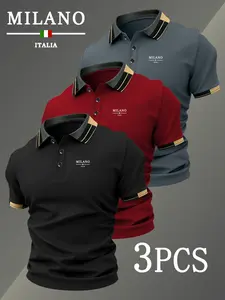 Men's Golf Polo Shirts Set, Golf Clothing, Milan Logo Print, Fitted Neckline, Breathable & Comfortable, Casual Style, All-Season Wear