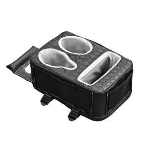Auto Center Console Cup Holder Organizer, Universal PU Leather Armrest Storage Box with Tissue Holder & Side Pockets, Multi-use for Car Front/Back Seat, Truck, RV, Boat