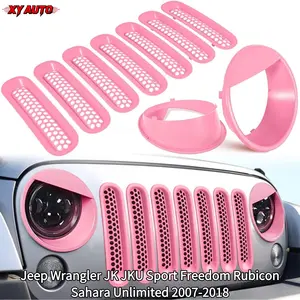 Matte Pink Front Grille Mesh Inserts & Headlight Cover, Clip-in Grille Guard Headlight Bezels Trim Exterior Accessories, Compatible with Jeep Wrangler JK JKU Sport Freedom Rubicon Sahara Unlimited 2007-2018, Automotive External Decor Protective Parts