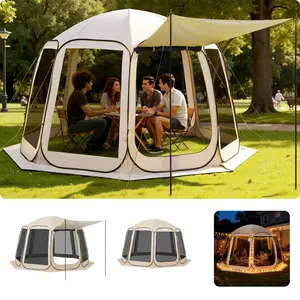 【Summervibes】VEVOR Screen House Tent, 12 x 11 ft, 10-12 Person Pop Up Screen Tent with Extended Awning, Portable Screened in Canopy with Carry Bag, Netting Sides, for Patio, Backyard, and Outdoor Activities, Beige