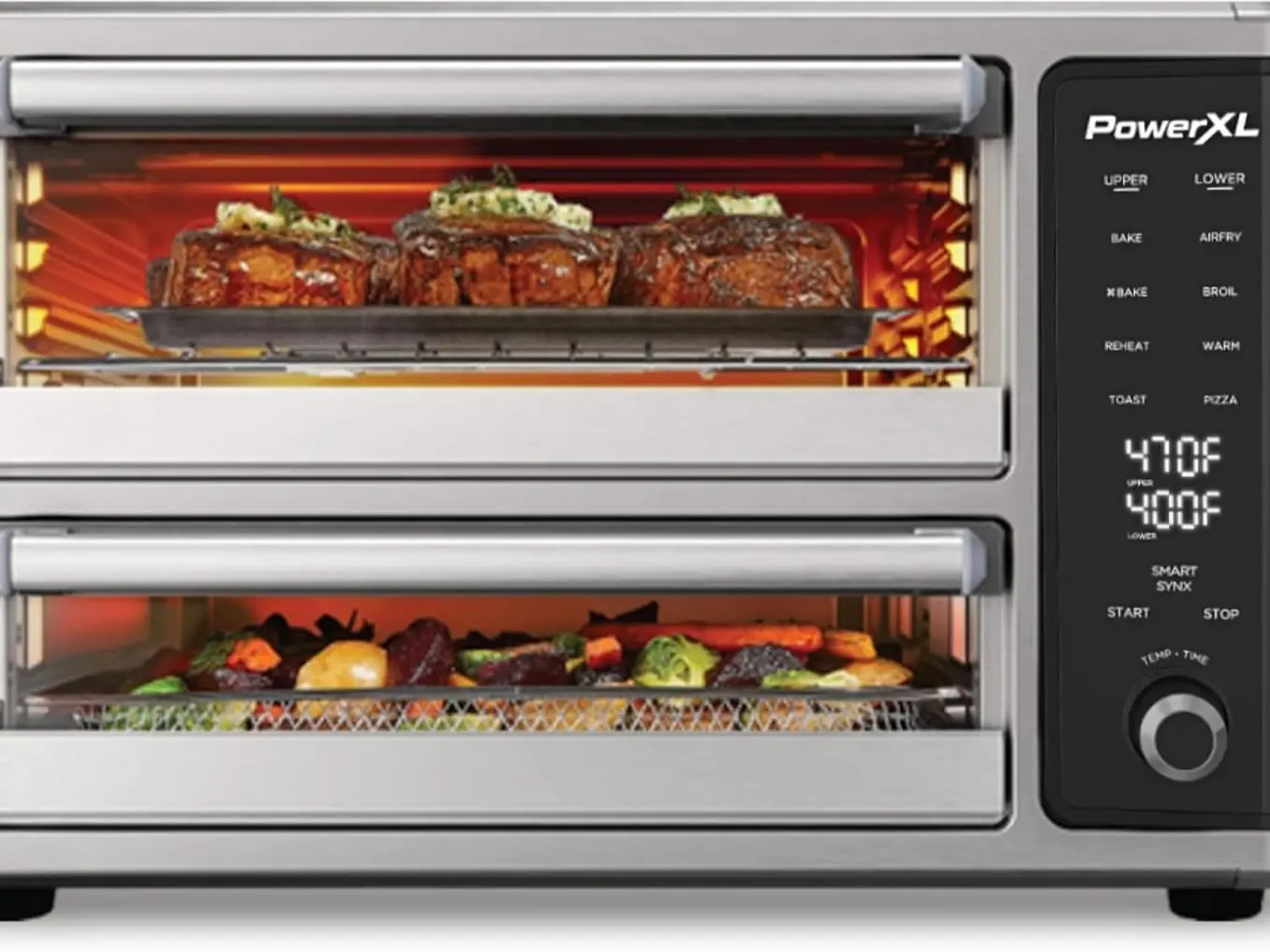 PowerXL SmartSynx Dual Door Oven, 8 Quick-Touch Cooking Presets including Air Fry, Toast, Bake, Broil, Reheat and More, Cook 2 Different Foods at the Same Time, Large Capacity & Adjustable Temperature