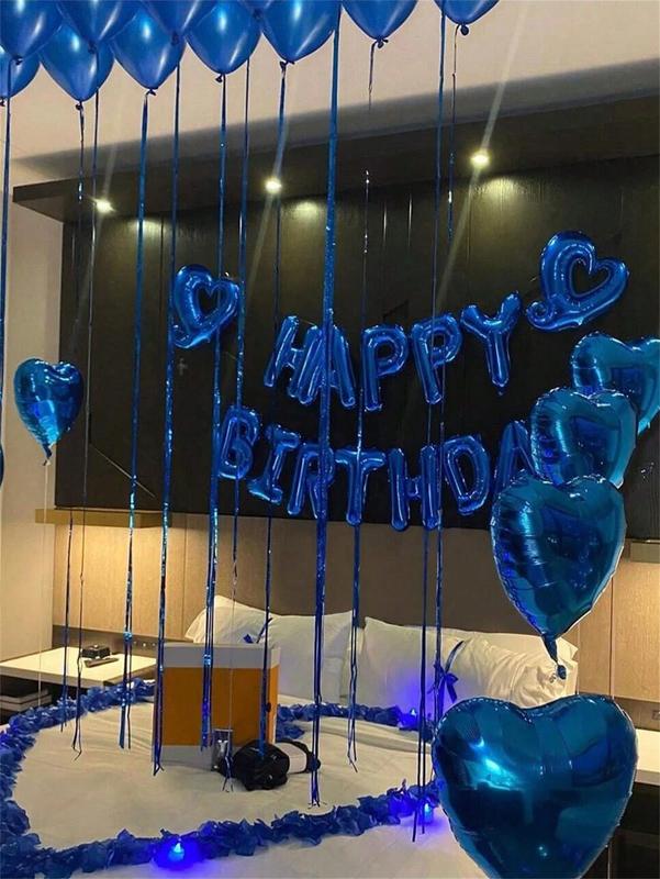 540pcs Blue Happy Birthday Party Decor Kit, Balloon Banner + 40in Foil Number Balloons, Blue Heart Balloons, Blue Rose Petals, Blue Theme Birthday Backdrop for Men Women, Photo Booth & Home Party Setup