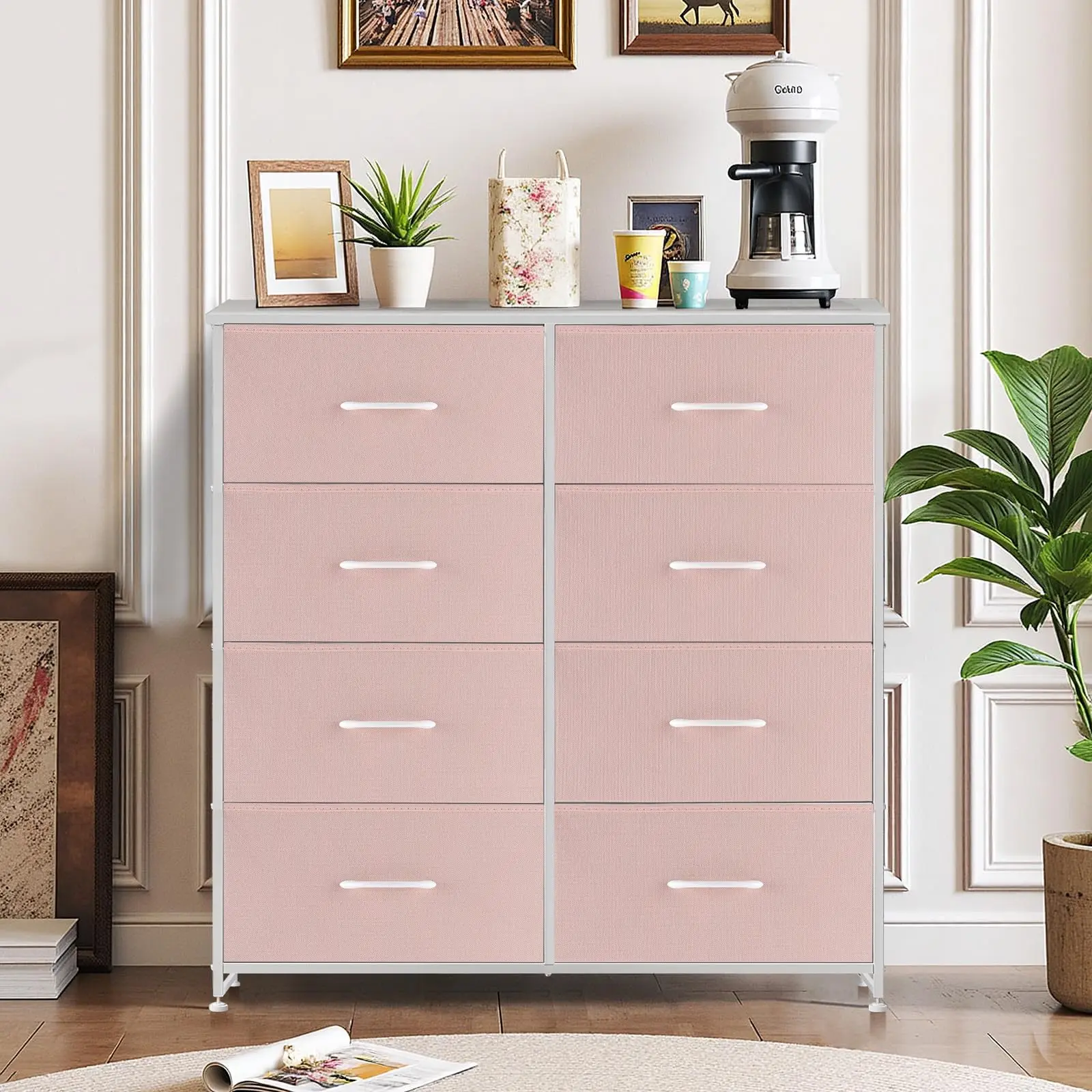 8 Drawer Fabric Dresser for Bedroom, Tall Dresser, Pink | Sturdy Chest of Drawers, Steel Frame and Wooden Top, Closet Living Room Storage Organizer with Easy Pull Handles