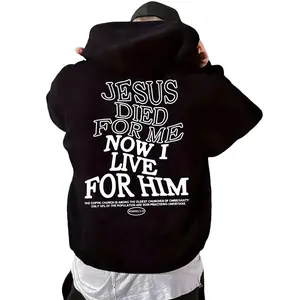 Men's Trendy Christian Graphic Hoodie TikTok Must Have Faith Centered Design Jesus Died For Me Now I Live For Him Black Crewneck Long Sleeve Apparel Menswear