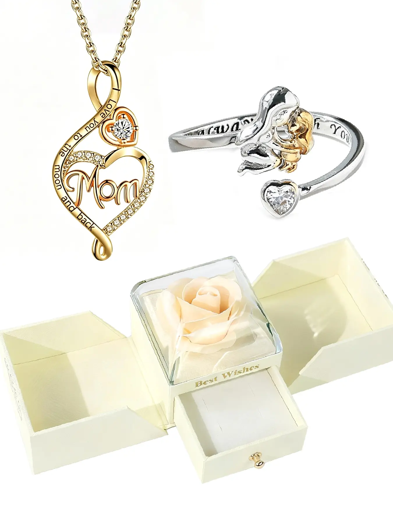 Women's White Rose Gift Box Set — Necklace for Mom or Grandma, Mother-Daughter Rings, Heart-Shaped Birthstones, Mother's Birthstone Cubic Zirconia, Adjustable Open Rings. A Stylish Jewelry Gift for Mother's Day or Everyday Wear—Perfect for New Moms.