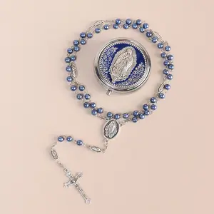 6mm Glass Pearl Beads Catholic Our Lady of Guadalupe Rosary Necklace for Women and Men with Virgin Mary Center Piece and Crucifix with Metal Gift Box
