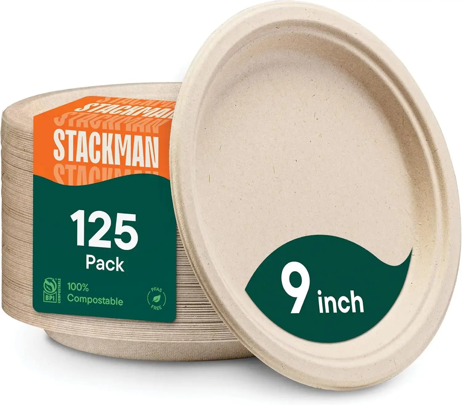100% Compostable Paper Plates, Heavy Duty Disposable Plates [125-Pack] 9 Inch Plates - Eco-Friendly, Biodegradable Sugarcane Bagasse, Natural Unbleached Brown 9" Dinner Paper Plate Disposable