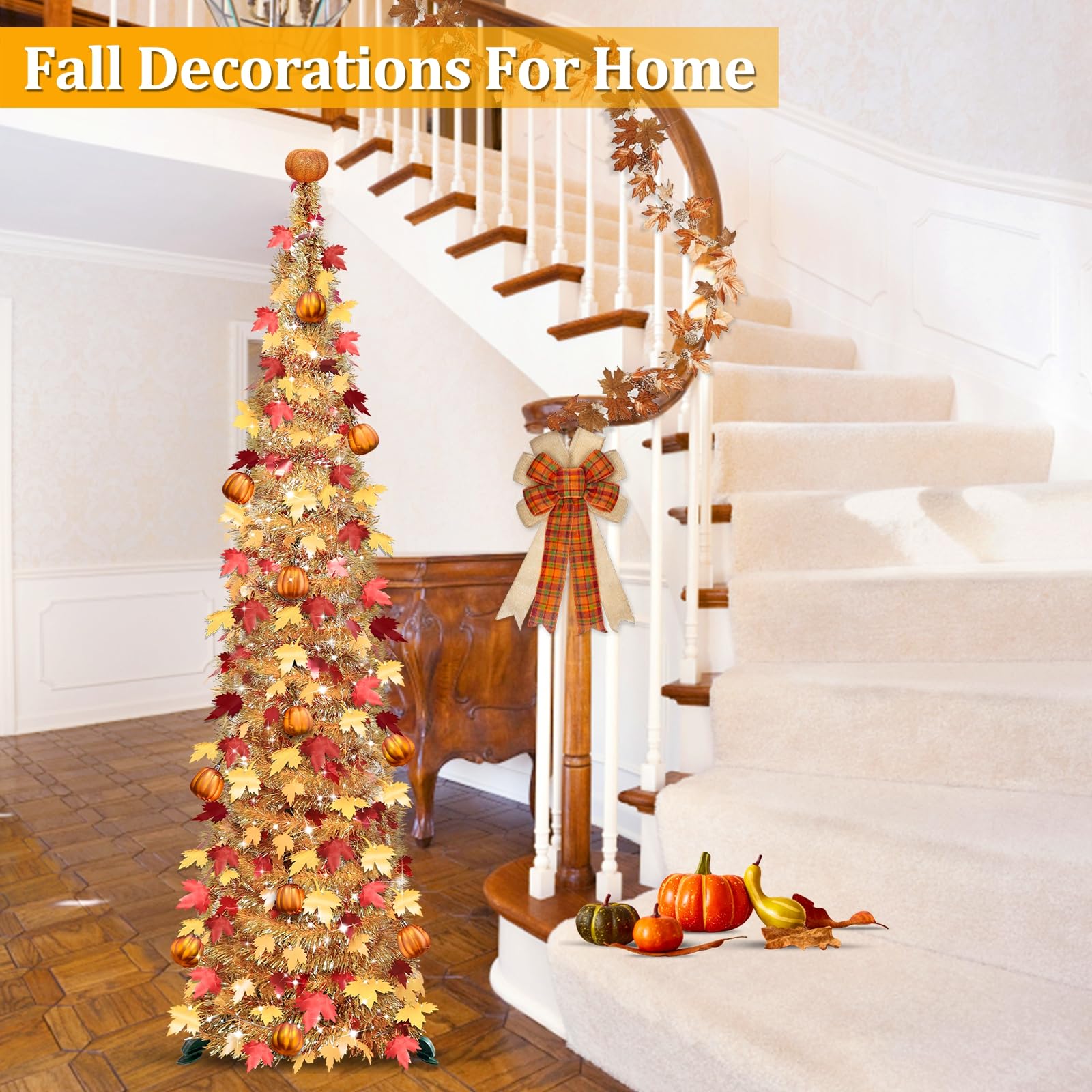 TURNMEON 5 FT Fall Tree Fall Decor, Pop Up Tinsel Maples Tree with 50 Warm White Lights Orange Pumpkins Battery Operated Lighted Halloween Tree Fall Decorations for Home Harvest Thanksgiving Party Indoor