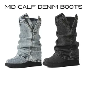 Womens Mid Calf Denim Boot Round Toe Slope Heels Zipper Button Design Easy Pull On Fold Over Slouchy Party Dressy Dailywear Gifts Riding Summer Casual Shoes
