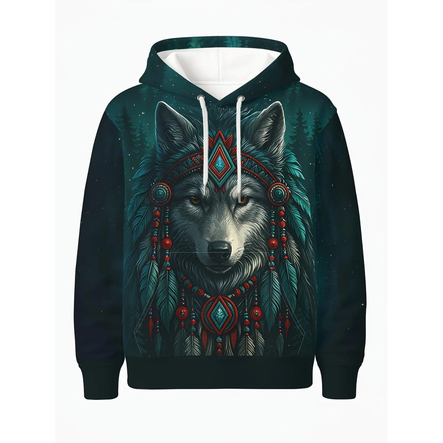 3D Printed Men's Hoodie - Tribal Wolf with Feather Headdress, High-Definition All-Over Graphic Pullover, Ethnic-Inspired Streetwear, Comfortable Hooded Design, Perfect for Casual Outings & Unique Fashion Statements, Premium Quality Fabric