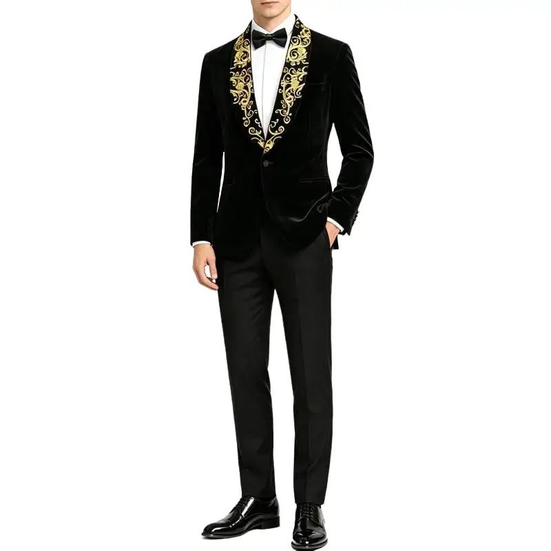 Men's Fitted V-Neck Velvet Blazer - Gold Embroidered Button Jacket, Black Formal Wear for Wedding, Party, Prom