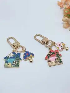 Cute Mushroom House Keychain, Metal Key Ring Accessory, Colorful Flower Decoration, Adorable Pendant Charm for Keys