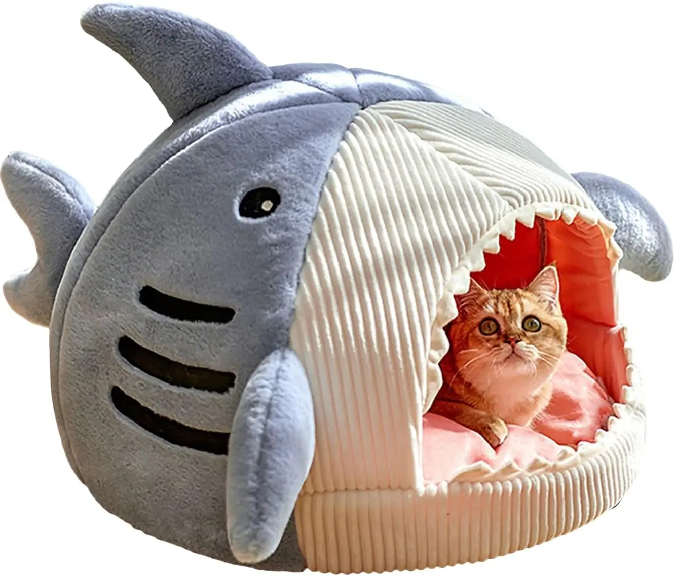 Shark-Shaped Kennel Bed for Cats, Warmth Texture Semi-Closed Hideout House with Soft Fabric, Resting Nest for Kittens (Blue, L Size)