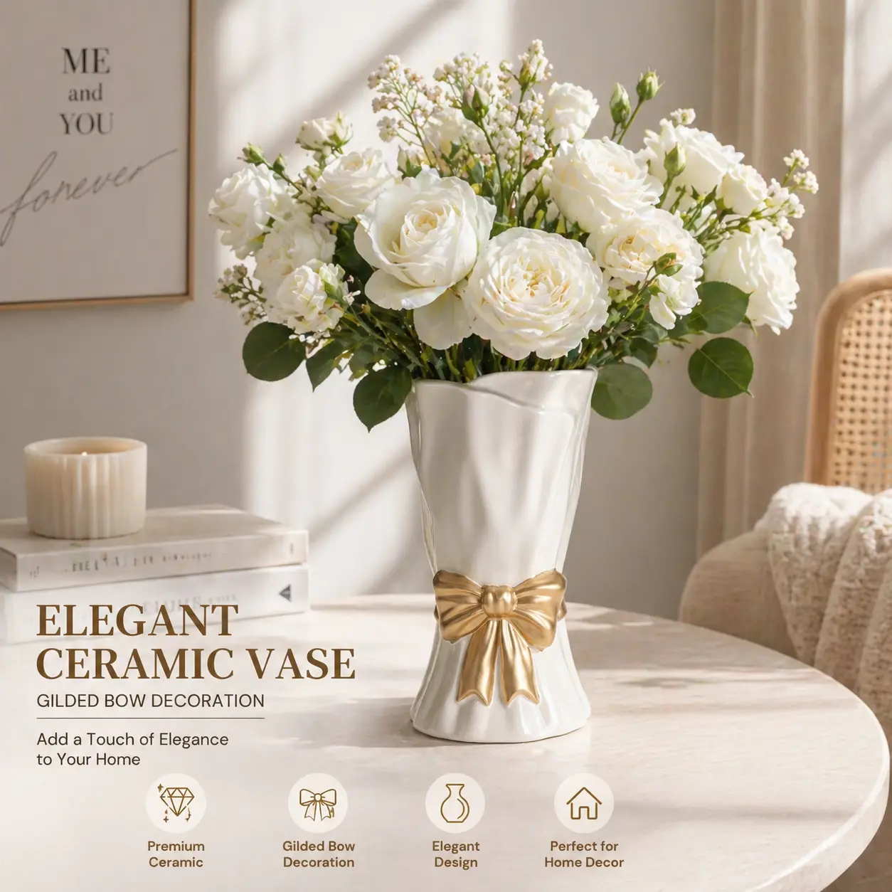 Elegant Ceramic Vase with Gold Bow – Modern Home Decor Flower Vase for Living Room & Bedroom Decorative Vase White，bedroom decor，house decor，room decorations