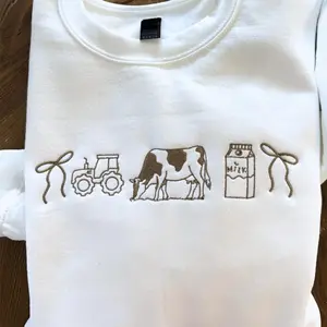 Farm Girl Aesthetic Embroidered Cow Sweatshirt | Country Dairy Farm Crewneck Pullover | Cute Gift for Farm Girls