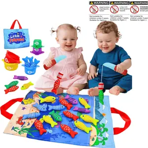 Montessori Educational Fishing Mat for Toddlers 1-3 Years with Stacking Cups Digital Counting Shape Sorting Soft Play Rug Carry Bag Gift for Boys Girls