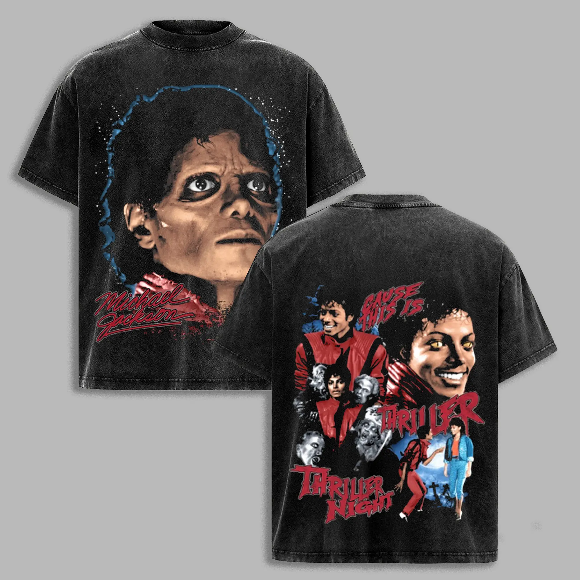 Vintage King of Pop Horror Graphic T-Shirt for Women, Oversized Acid Washed Top in Heavyweight 230gsm Round Neck Premium Cotton