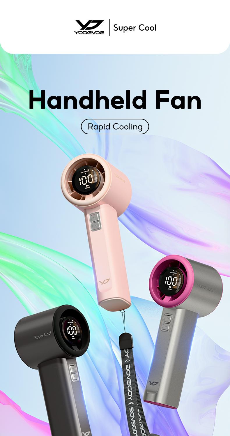 YodevoeThis portable handheld turbine fan features 100 speed settings, a built-in 4000mAh battery, and a runtime of up to 18 hours. This 3-in-1 rechargeable handheld fan utilizes turbine cooling technology and is suitable for outdoor activities.