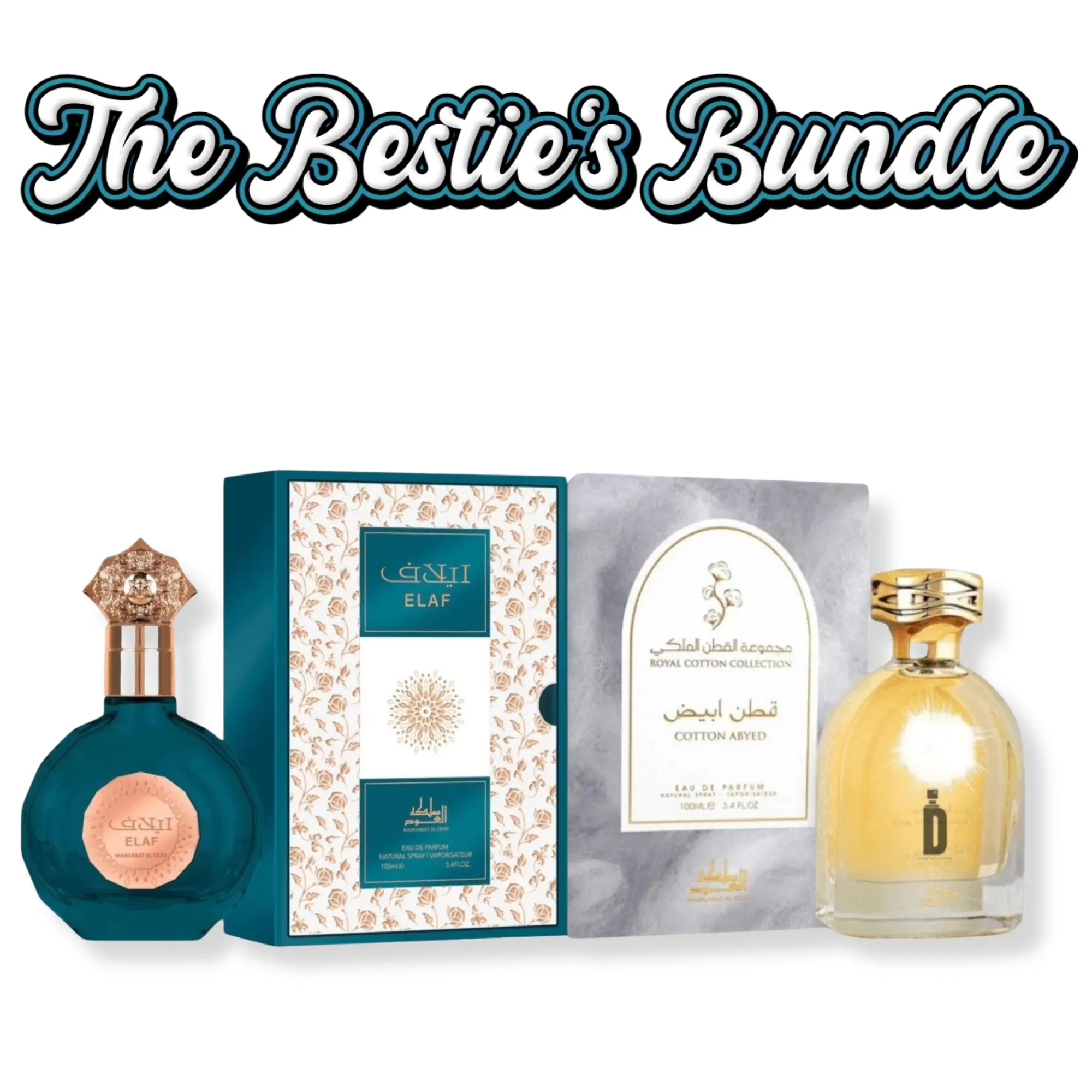 Mamlakat Al Oud The Bestie's Multi-Pack, Cotton Abyed + Elaf Alcohol-Based Eau De Parfum, Unisex 100 ML-3.4 oz Fragrance with Sweet Vanilla & Musk Notes