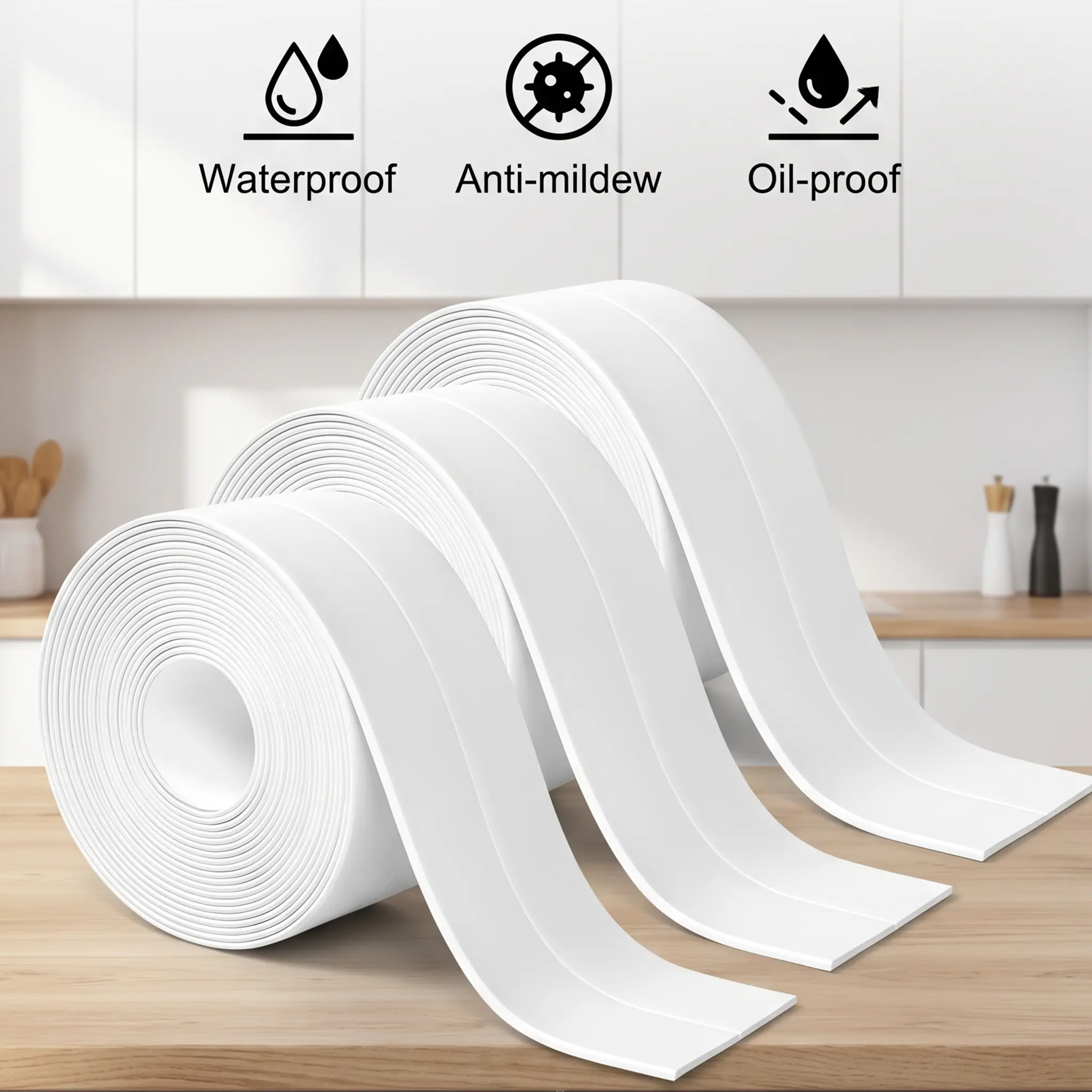 Self-Adhesive White Caulk Tape, 16.4FT x 1.5IN Waterproof PE Seal Strip, Strong Adhesive No Residue Seam Tape, Easy Install Mold Proof Sealant Strip for Kitchen Countertop, Sink, Toilet