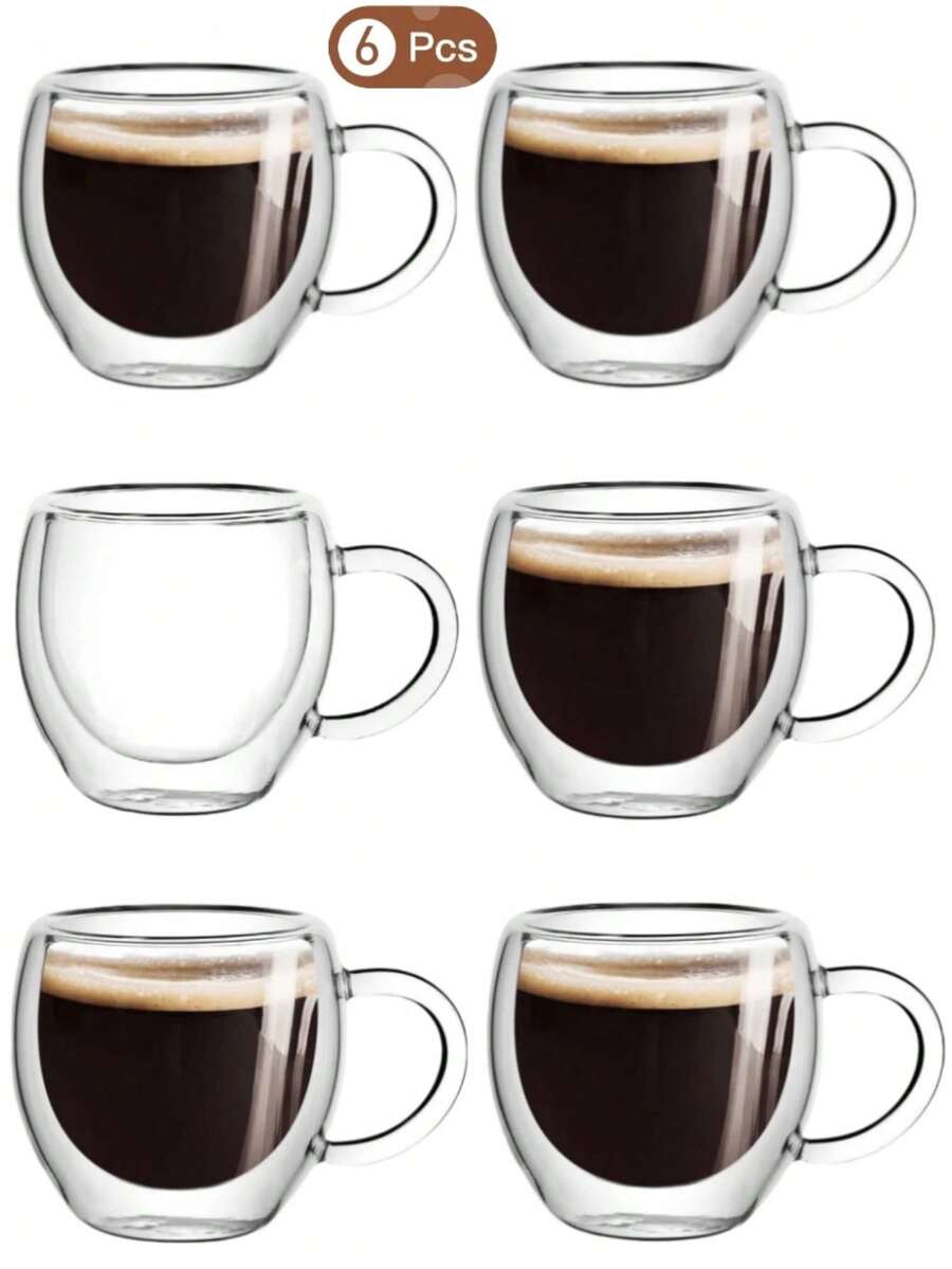 2pcs/6pcs Set Espresso Cups With Handles, 2.8oz Transparent Espresso Cups, 2.5*2.6inch Double Wall Heat-Resistant Glass Cups, Creative Tea Flower Cups, Insulated Water Cups, Espresso Cups, Cold Drink Milk Juice Cups, Mugs