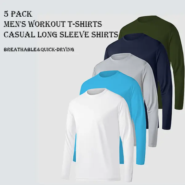 Men's Athletic Apparel 5-Piece Set - Casual Long Sleeve Activewear Gym Shirts, Quick-Dry & Breathable for Training & Gym Fashion, Casual Sports Tops, Long Sleeve Shirt
