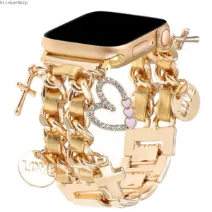 2026 NEW Fashionable Metal Watch Band, Cuban Chain Watch Band with Key Love Pendants, Cute Watch Band for iWatch Series 11 10 9 8 7 6 5 4 3 SE Ultra 3, Watch Straps, Smart Watch Straps, Smartwatch Strap