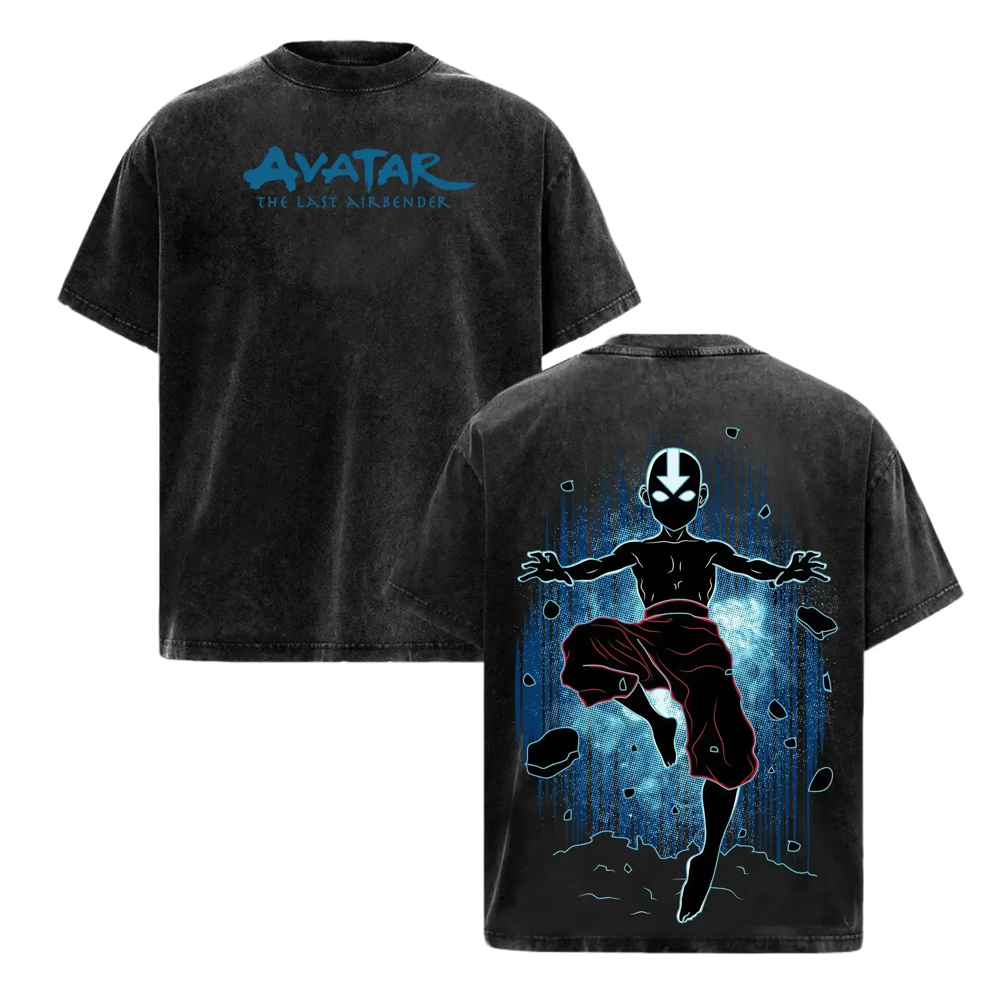 Vintage Aang Avatar State ATLA The Last Airbender Air Nomad Oversized Graphic Tee Heavyweight Acid Wash Cotton Double Printed T Shirt Y2K Streetwear Gym Pump Cover Anime Cartoon Dark Aesthetic Grunge Outfits Merch Perfect Fan Gift Top Unisex