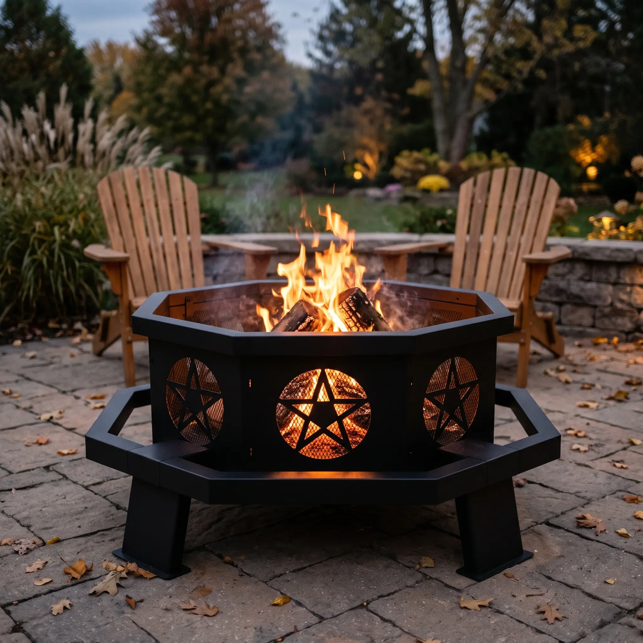43 Inch Outdoor Wood Burning Fire Pit with Cooking Grill & Poker, Large Heavy Duty Octagonal Metal Firepit with Star Cutout Design for Backyard, Patio, Camping & Bonfire Parties