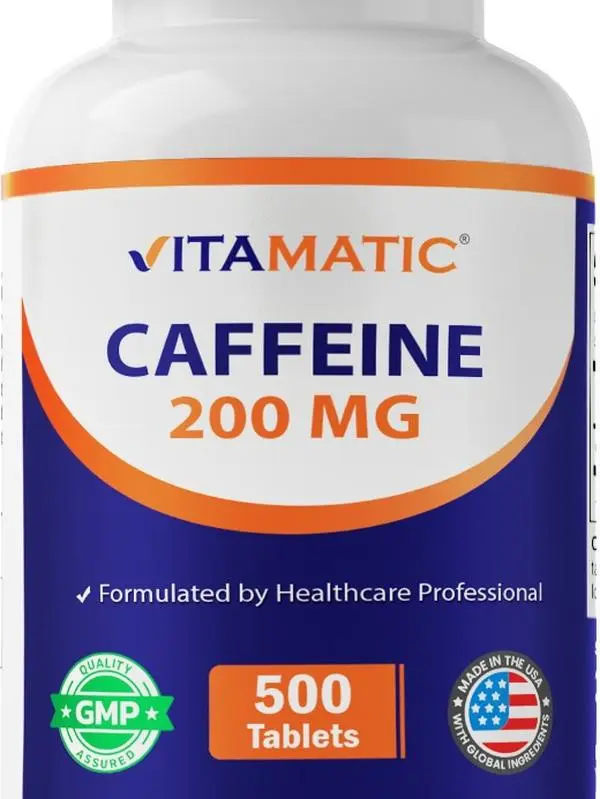 Vitamatic Caffeine Tablets, 200mg per Serving, 500 Vegetarian Tablets - Energy Boost, Endurance Performance Support, Non-GMO, Gluten-Free, GMP Assured, Made in USA
