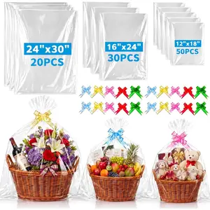 Fullhawl 100 Pcs 3 Sizes Cellophane Bags for Gift Basket Clear Wrapping Bags with Pull Bows 24"x30" 16"x24" 12"x18" Large Plastic Gift Wrapping for Father's Day Wedding Basket Decor