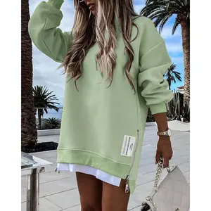 Womens Long Sleeve Pullover Sweatshirt Zipper Slit Casual Dress Drop Shoulder Oversized Outfits