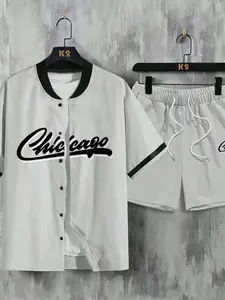 Trendy Men's 2-Piece Pink "Chicago" Baseball Set, Short Sleeve Button-Up Jacket & Drawstring Shorts, Edgy Streetwear Matching Outfit for Street Style & All-Day Daily Wear #MensStreetwearSet #BaseballAestheticFashion #VersatileMatchingSet