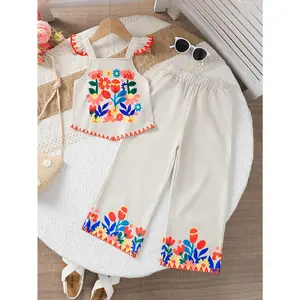 Ready Stock Toddler Kid Girls Ethnic Floral Print Asymmetrical Sleeveless Top with Elastic Pants Set 2Pcs Spring Summer Clothing 42511048