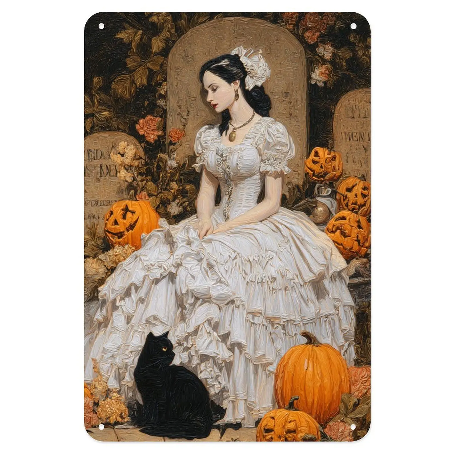 Gothic Halloween Lady Tin Sign, Vintage Cemetery Black Cat Metal Sign Print Aesthetic Room Decoration for Home Bedroom Kitchen Bar Coffee Bathroom Indoor Outdoor Wall Decor, 8 X 12 IN