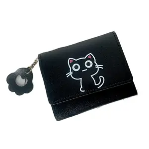 Black Cartoon Kitty Wallet with Keychain Attachment and Simple Design