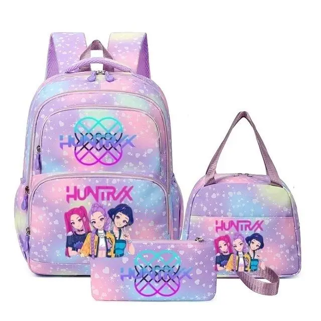 Kawaii Pastel Rainbow Sparkly Heart‑Pattern 3‑in‑1 Backpack Kit,KPOP Anime Idol Girls Printed School Bookbag, Portable Lunch Tote Bag & Stationery Pouch, Lightweight Travel Rucksack for Teen Girls