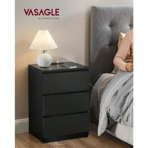 Nightstand With Charging Station, Bedside Table, Side End Table With 3 Drawers, 2 AC Outlets, 2 USB Ports, Beveled Drawer Fronts, For Bedroom, Modern, Ebony Black