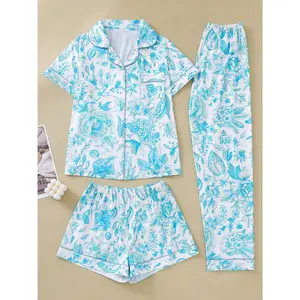 Women's Ink Floral Print Elegant Pajama Set, Short Sleeve Buttons Lapel Top & Shorts & Pants, Comfortable Relaxed Fit