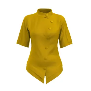 Mustard - Signature Short Sleeve Chef Coat for Women - Double-Breasted with Hidden Zipper & Peplum Waistline - Premium Stretch Fabric - Summer Style - Women's Chef Uniform