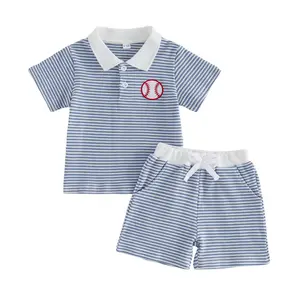 Babamoon Kids Toddler Baby Boys Summer Outfits Set Baseball Embroidery Striped Waffle Short Sleeve Turn Down Collar Tops T shirt and Shorts Clothes Set 6M-4Y