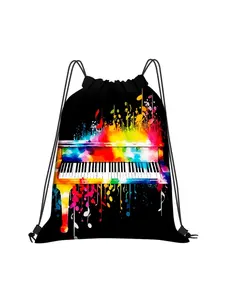1pc Piano Cartoon Softshell Drawstring Backpack - Lightweight Polyester Gym Bag with Practical Pocket, Soft & Drawstring Closure, /Piano-Themed Storage Suitable for Gym, Yoga, Travel,, Daycare