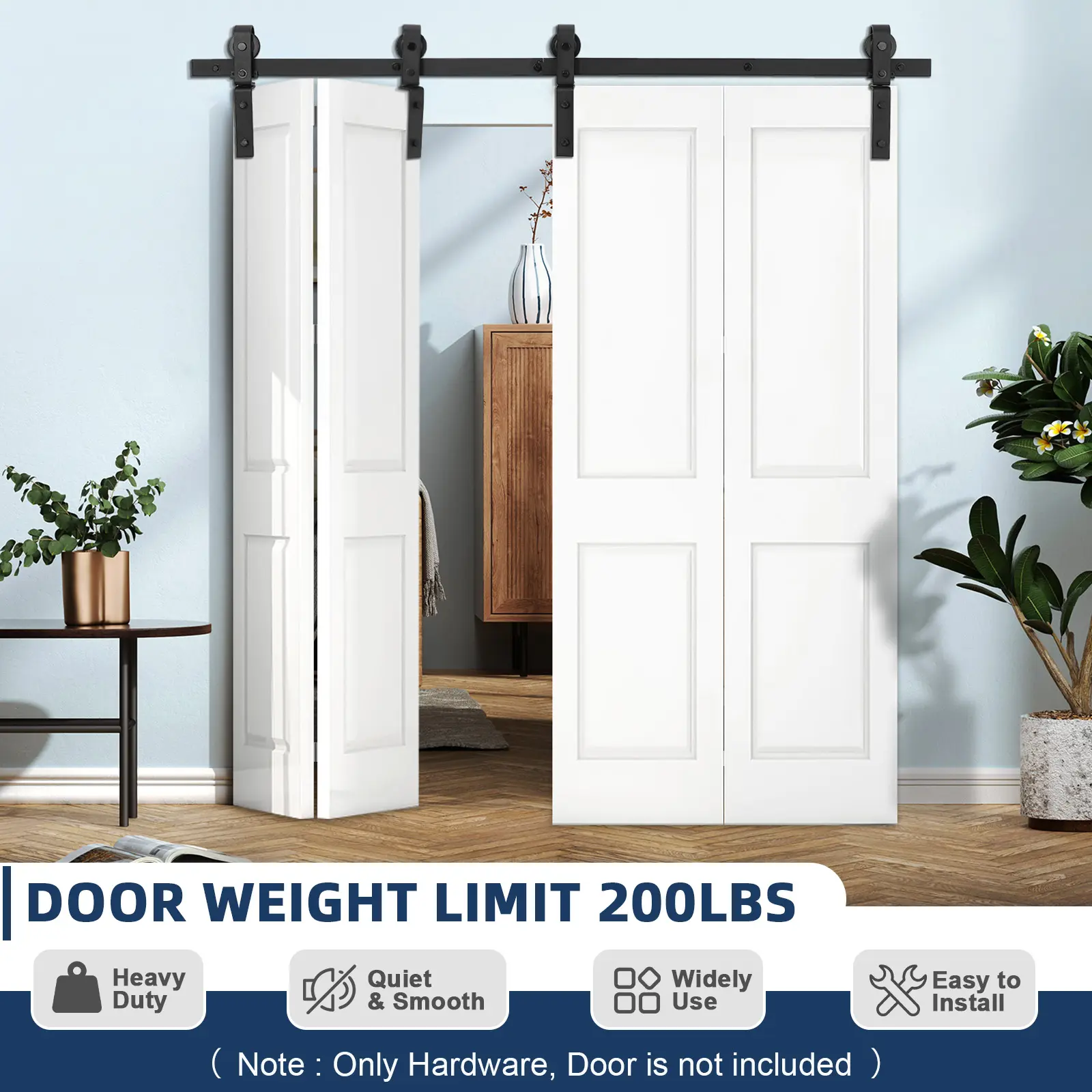 Heavy Duty Bi-Fold Sliding Barn Door Hardware Kit  Durable Steel Track & Side-Mounted Rollers  Smooth & Quiet  Easy Install  Fits 2 or 4 Interior Bifold Doors  Ideal for Bedroom, Laundry, Farmhouse, Modern Homes  Hardware Only
