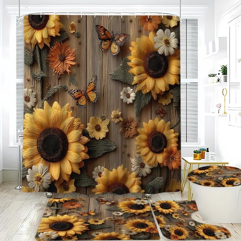 Creative Sunflower & Butterfly Garden Shower Curtain Set, Waterproof Polyester, Includes Hooks, Toilet Lid Cover, Mat, Ideal Gift