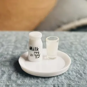 Miniature Milk Bottle Set, Portable, Includes Cup and Plate, Perfect for Miniature Room Decoration, Display, Photography, Christmas Gift