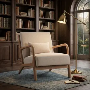 Beige Solid Wood Accent Chair, Curved Wicker Armrest with Lumbar Pillow, Cotton Linen Upholstered Leisure Chair, Anti-Slip Tapered Legs, Ergonomic Seat for Living Room Bedroom Boho Coastal Home Decor, Hold up to 300lbs