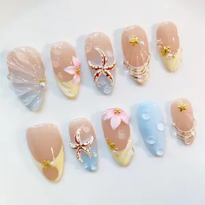 Sea Starfish Press On Nails, Ocean Bloom Nails, Summer Coastal Nails, Short Almond Nails, Handmade Gel Nails, Reusable Full Cover Nail Set